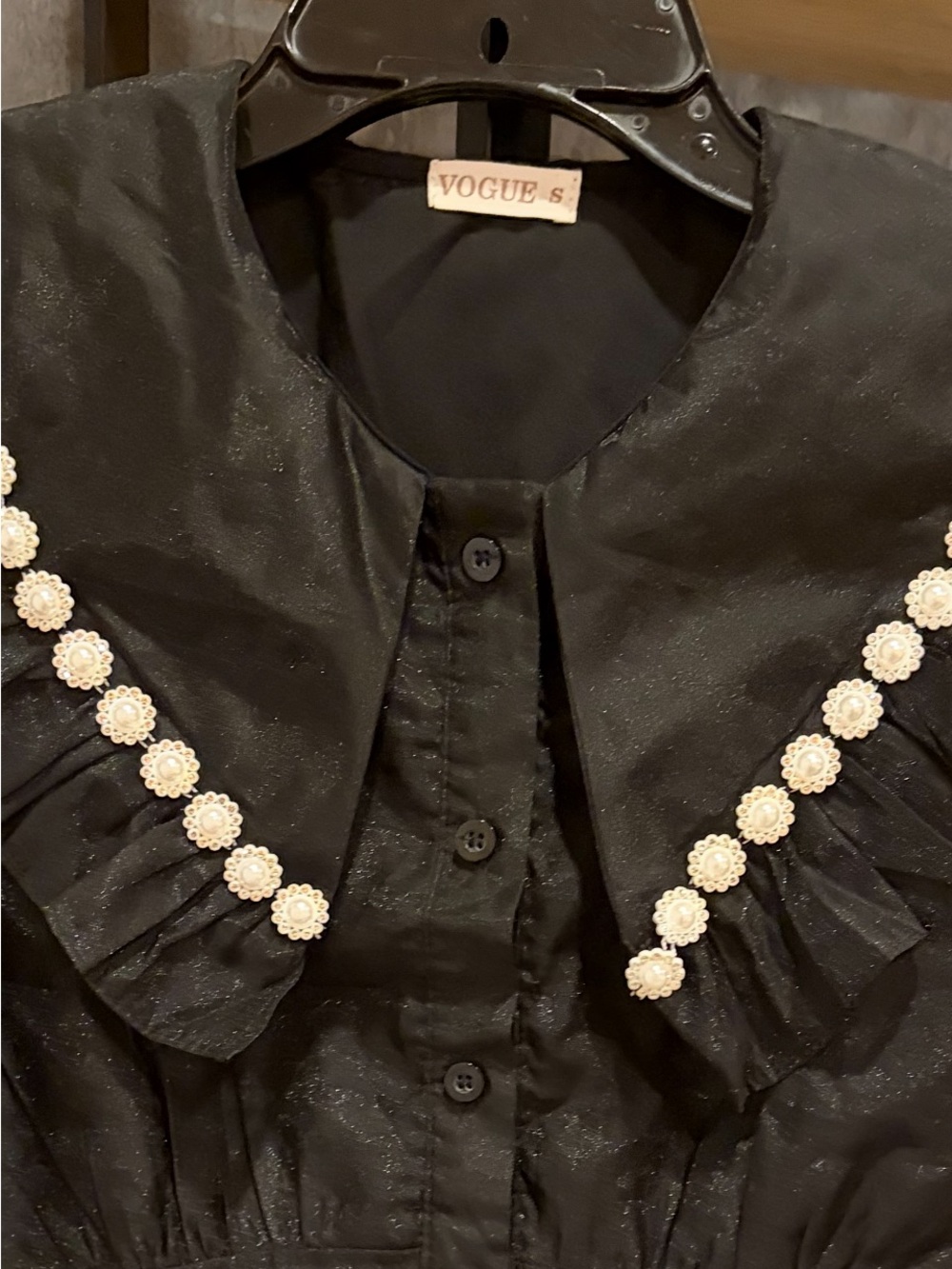 Vogue Black blouse  with Cream Floral Trim Accents